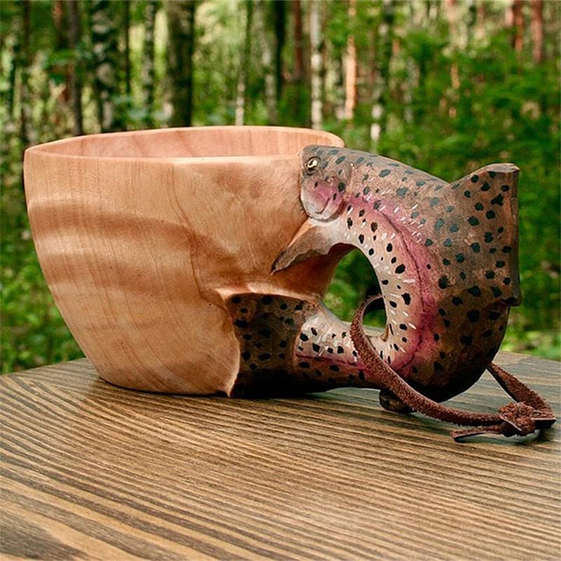 Hand-Carved Wooden Camping Mug with Leather Strap
