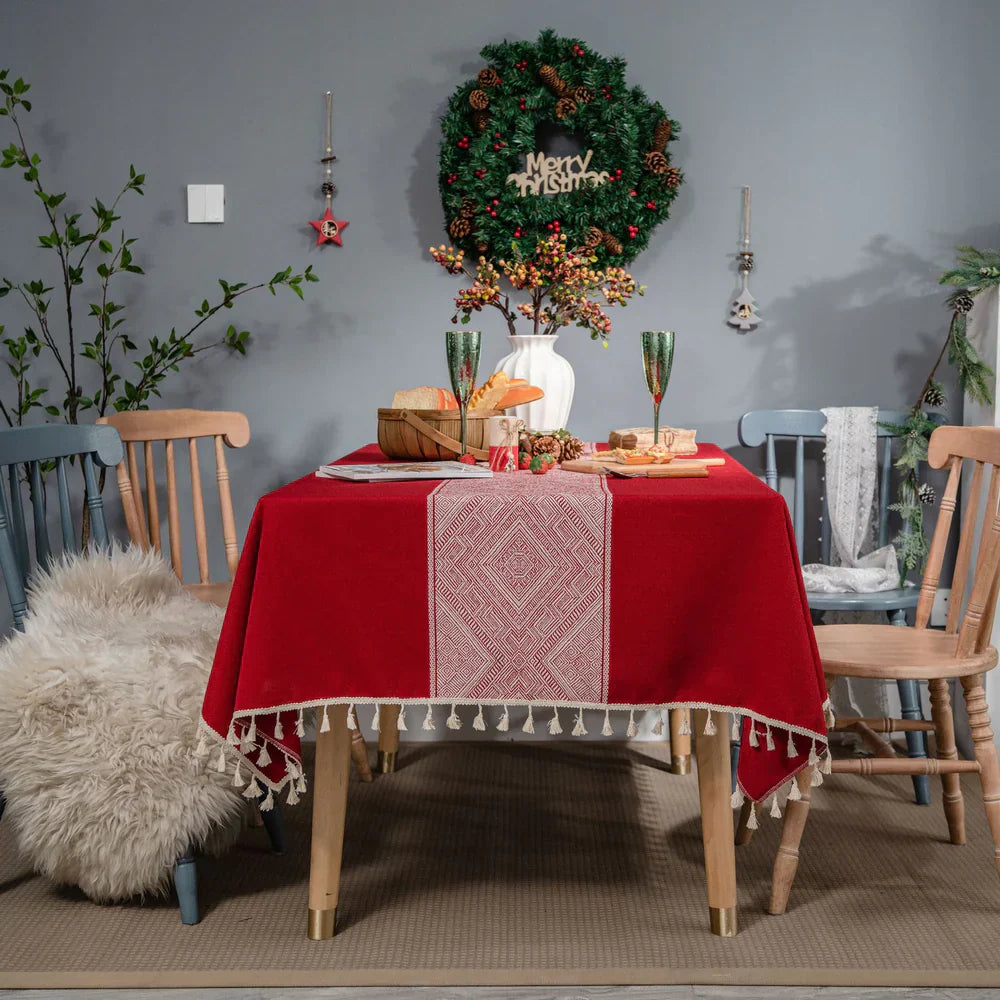 Geometric Jacquard Tablecloth with Tassel Fringe