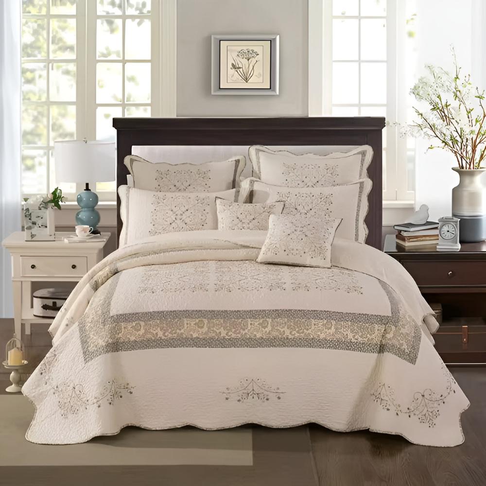 Elegant Reversible Embroidered Patchwork Coverlet Set