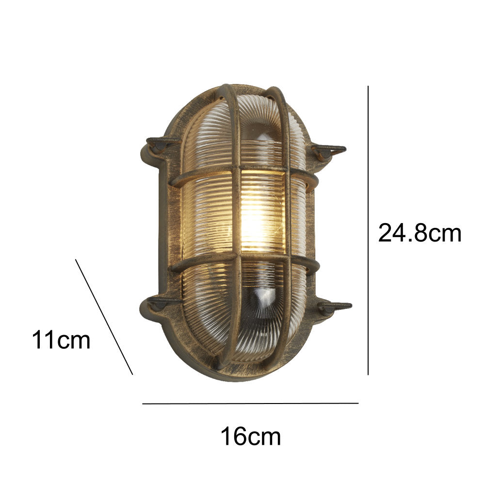 Antique Brass Ribbed Glass Outdoor Wall Light 9.8 Inch