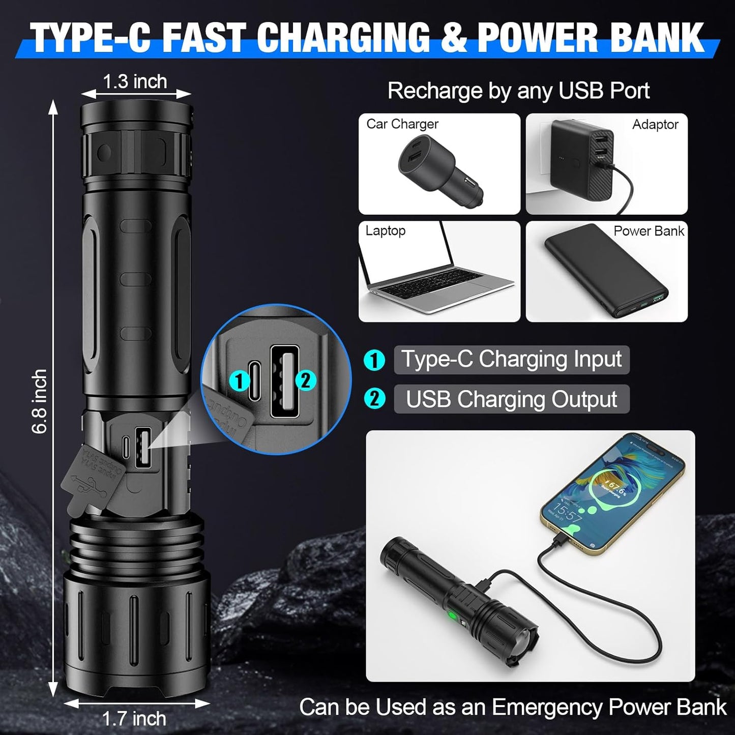 100,000 Lumen Rechargeable Tactical Flashlight with Power Bank
