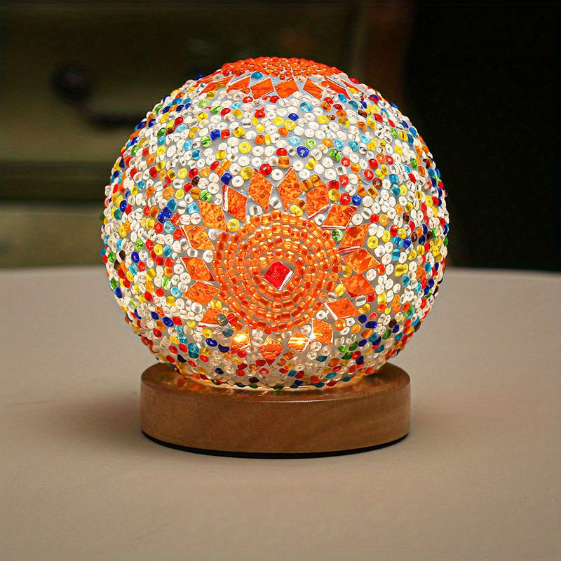 Mosaic Glass Globe Table Lamp with Wooden Base - Turkish Moroccan Style