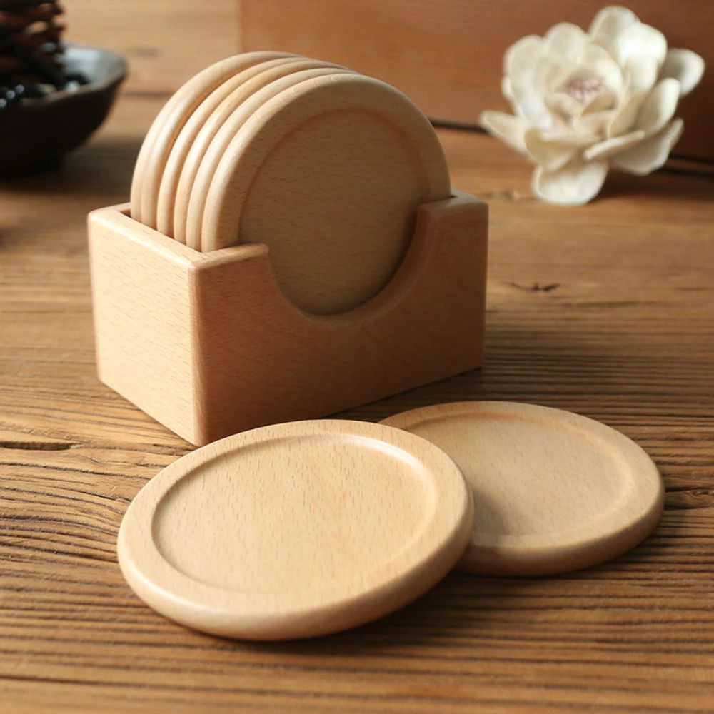 Japanese Walnut Wood Coaster Set - 6 Circular Coasters
