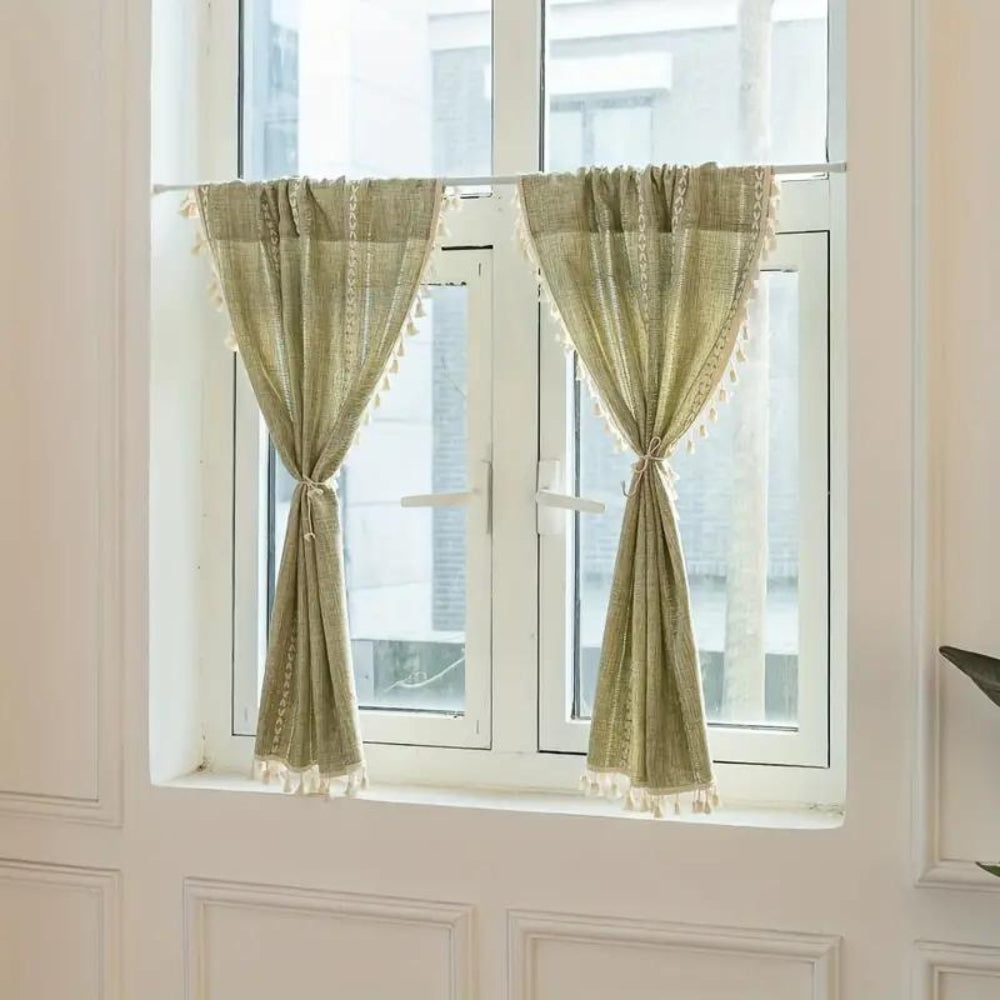 Boho Cotton Linen Kitchen Curtains with Tassels