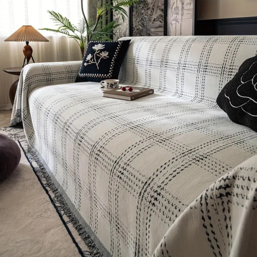 Chesterfield Plaid Chenille Sofa Cover with Anti-Slip Design