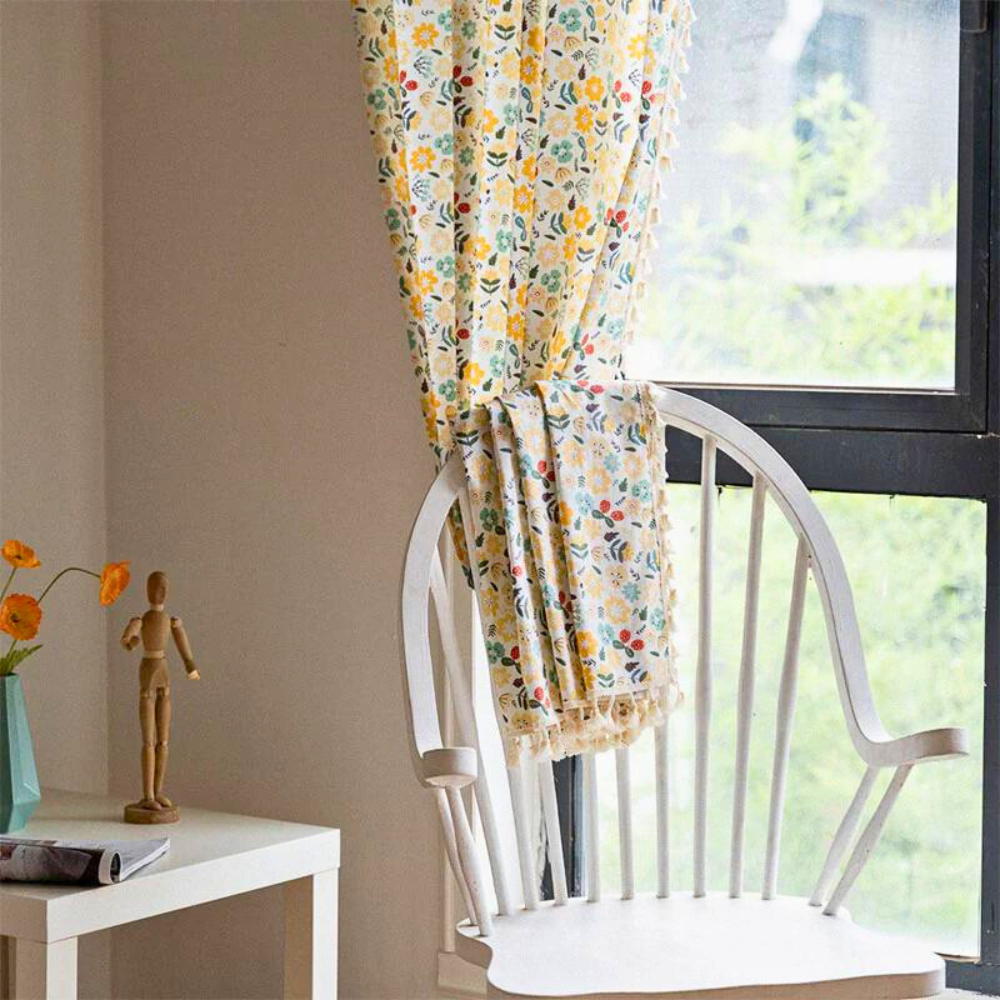Yellow Flower Tassel Semi-Blackout Curtain