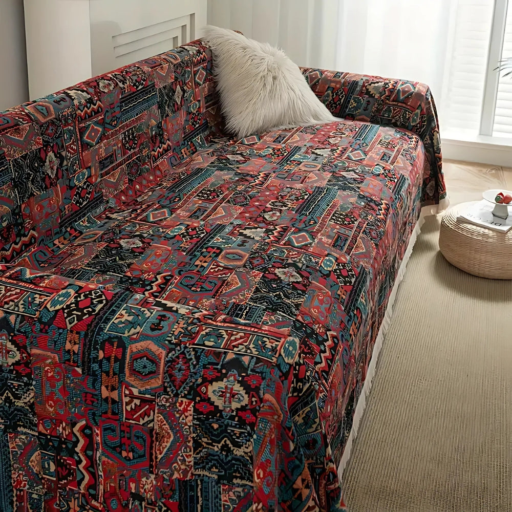 Bohemian Chenille Sofa Cover with Tassel Trim