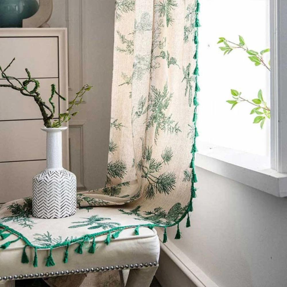 Green Pine Bird Pattern Semi-Blackout Tassel Curtain