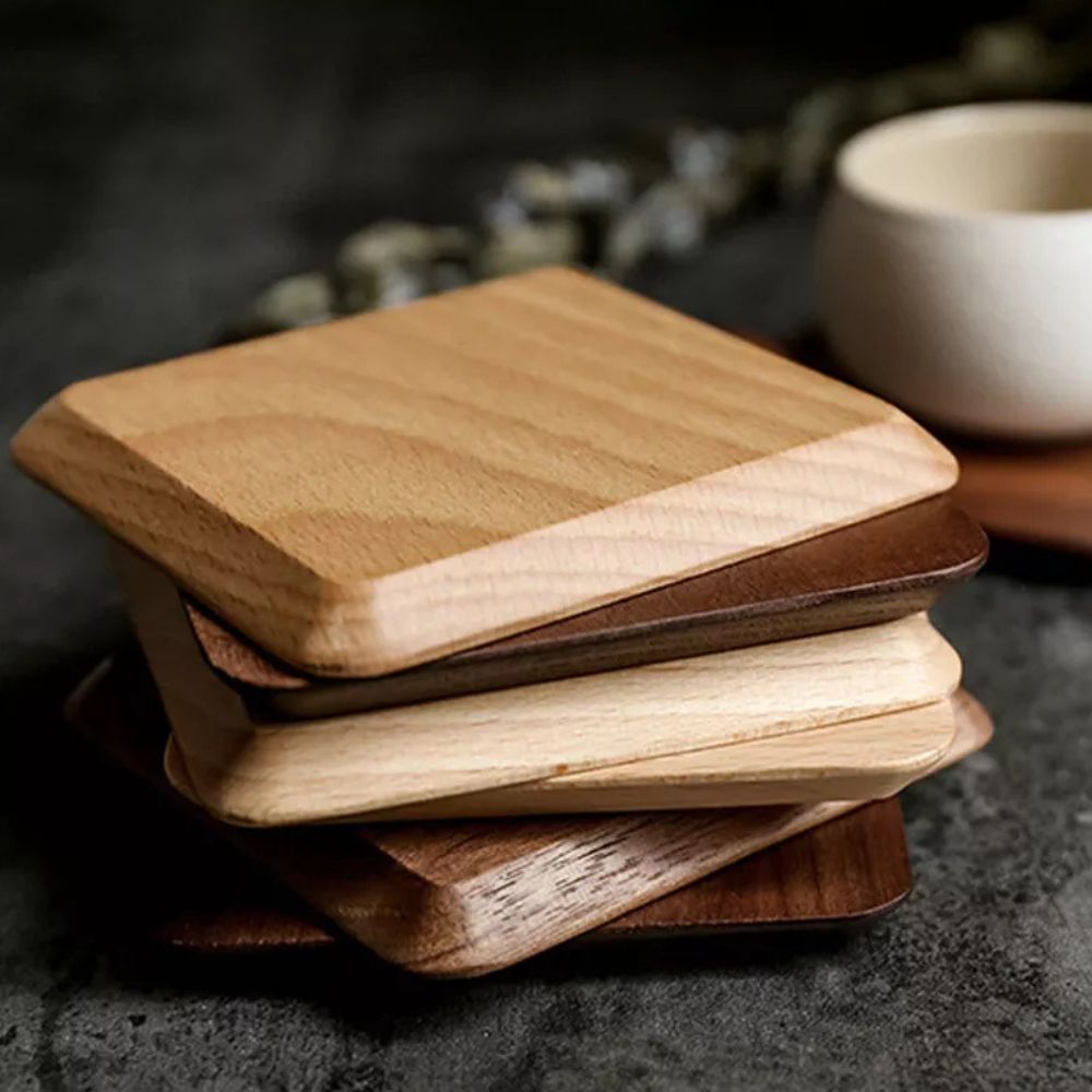 Sleek Wooden Coaster Set with Holder - 6 Natural Finish Coasters