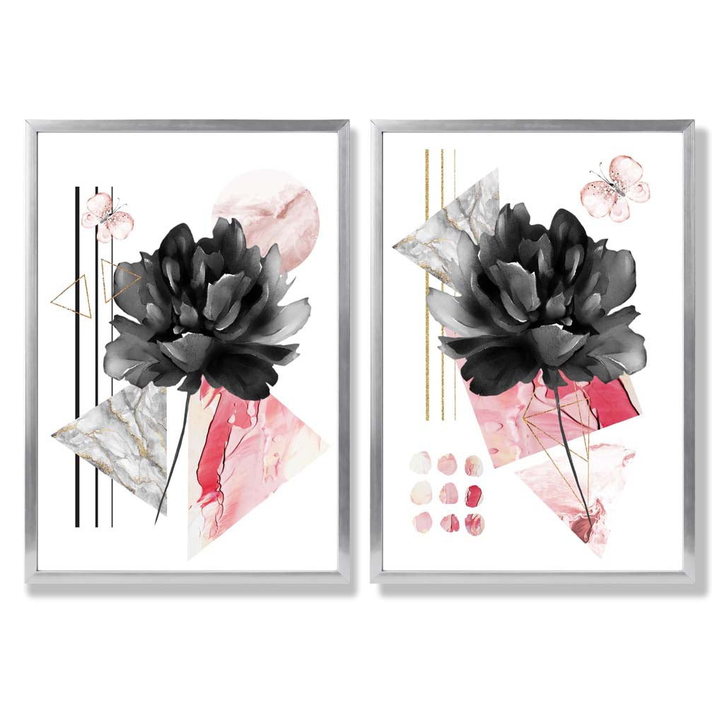 Framed Black and Pink Flower Art Prints Set of 2