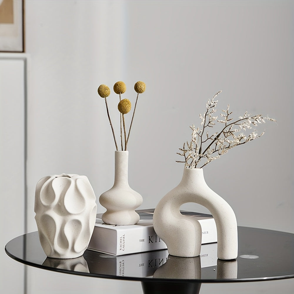 Boho Ceramic Vase Set with Geometric Shapes - Modern Nordic Decor