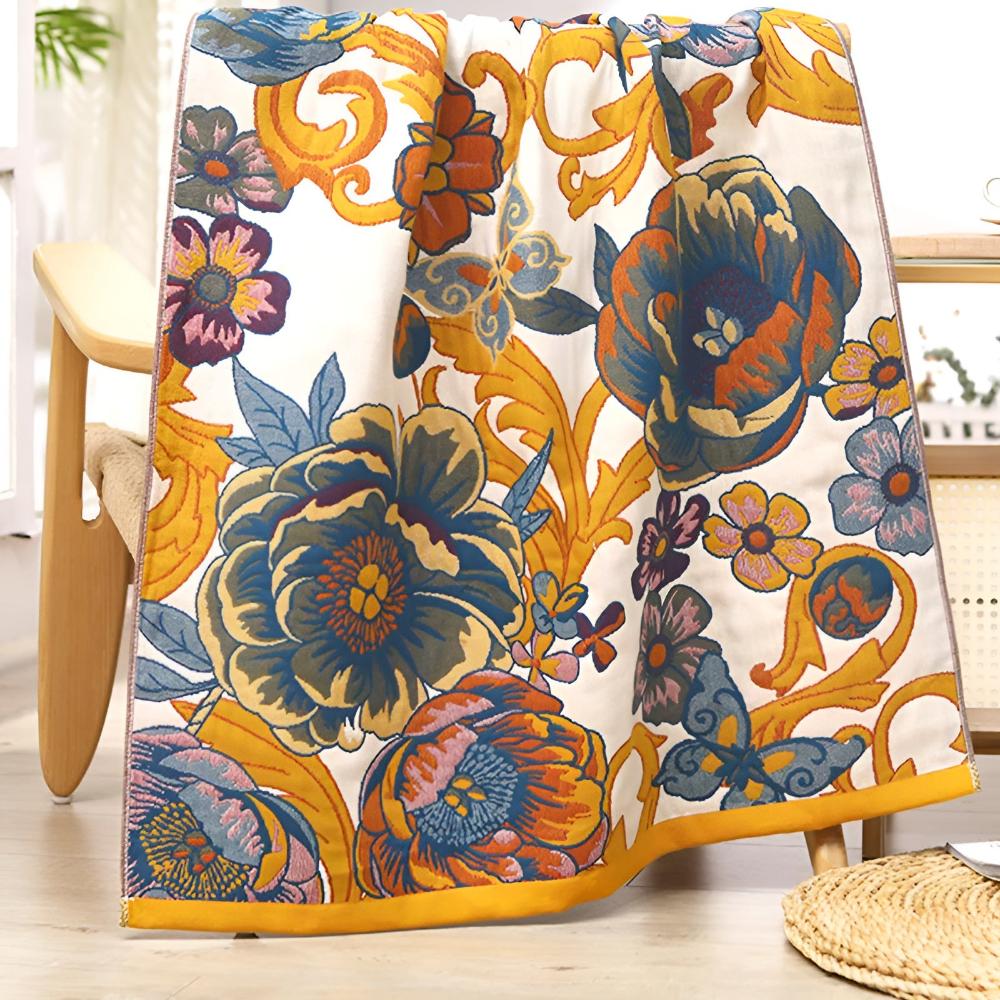 Reversible Cotton Bath Towel with Blooming Flowers Design