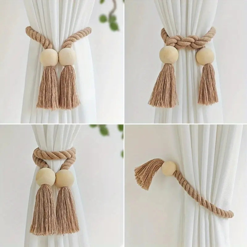 Wooden Bead Tassel Curtain Tie-Back Set