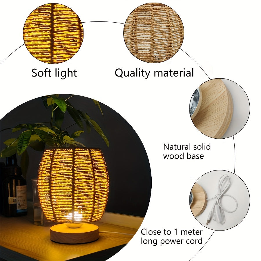 Handmade Wood Table Lamp with Warm LED Light