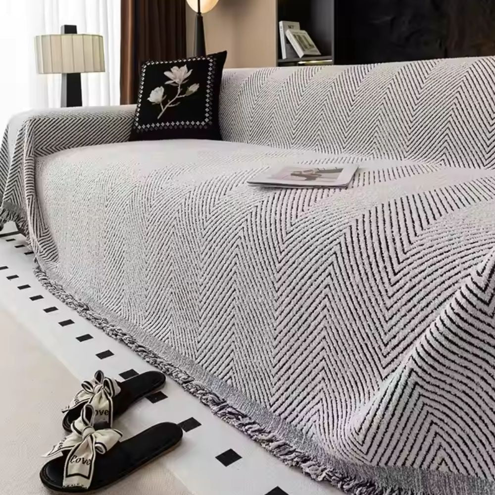 Stripe Herringbone Sofa Cover - Water-Repellent Microfiber