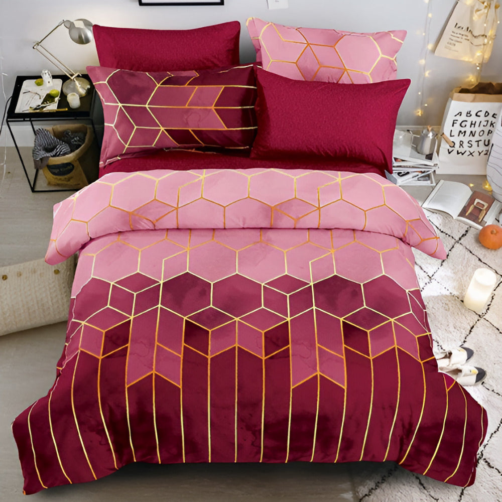 Golden Cosmo Hive Duvet Cover Set with Geometric Design - 3 Pieces