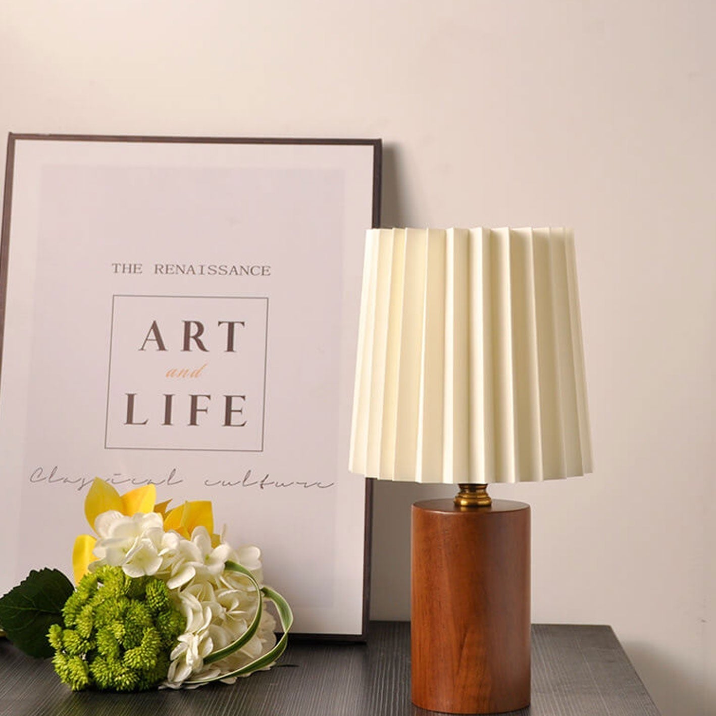 Vintage Korean Pleated Table Lamp with Solid Wood Base