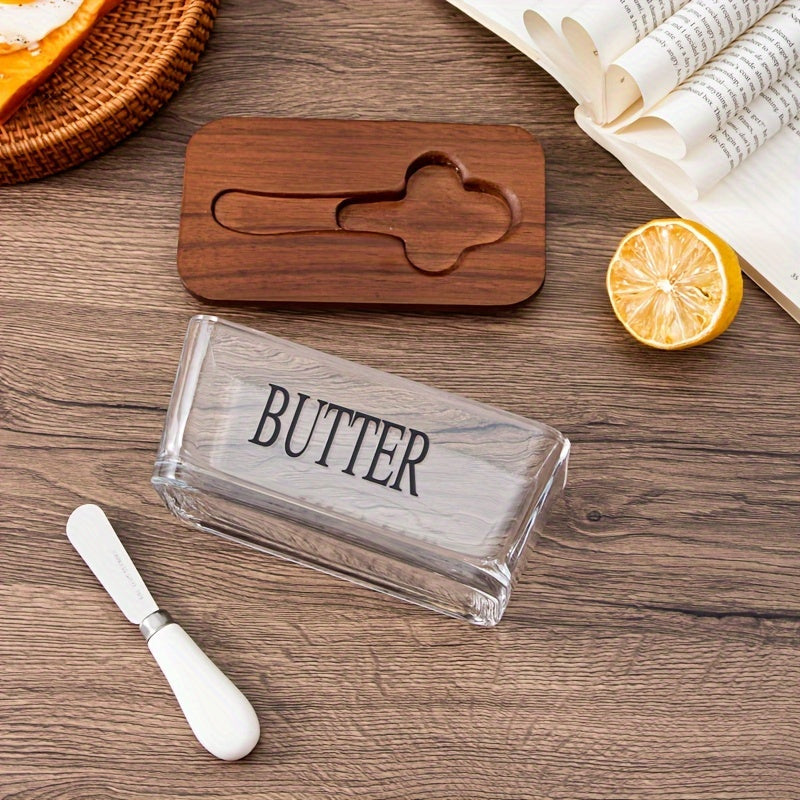 Acacia Wood Lid Glass Butter Dish with Spreader