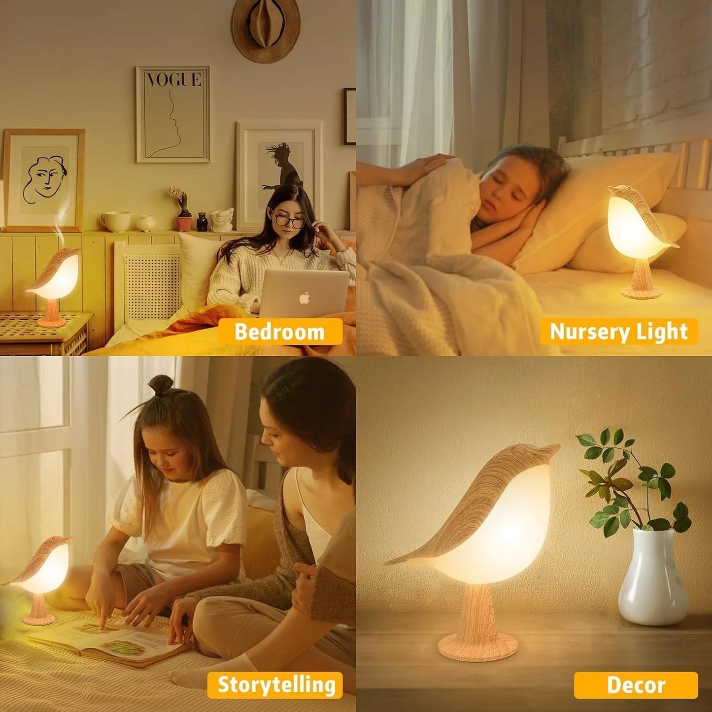 Touch-Control Wooden Bird Night Light with Aromatherapy Diffuser - Rechargeable LED Lamp