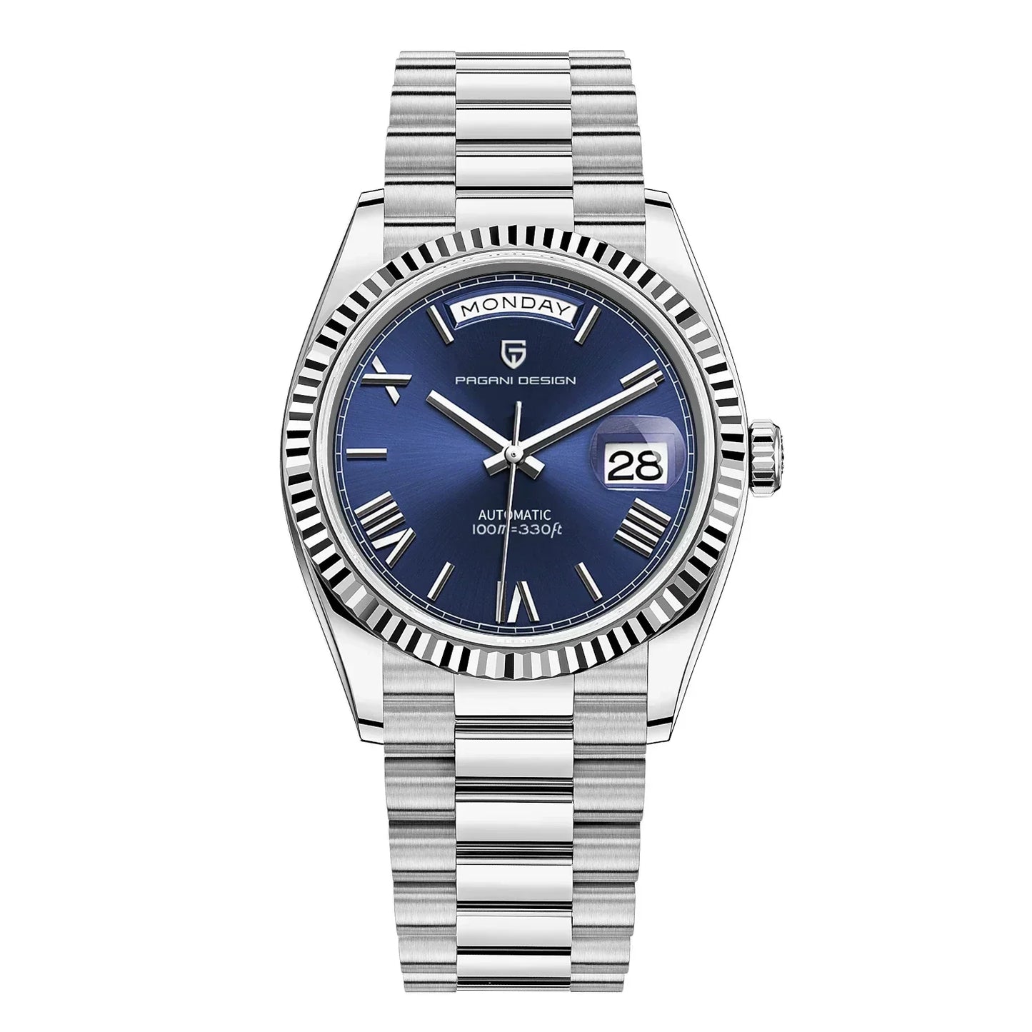 Men's Stainless Steel Automatic Watch with Calendar and Luminous Hands
