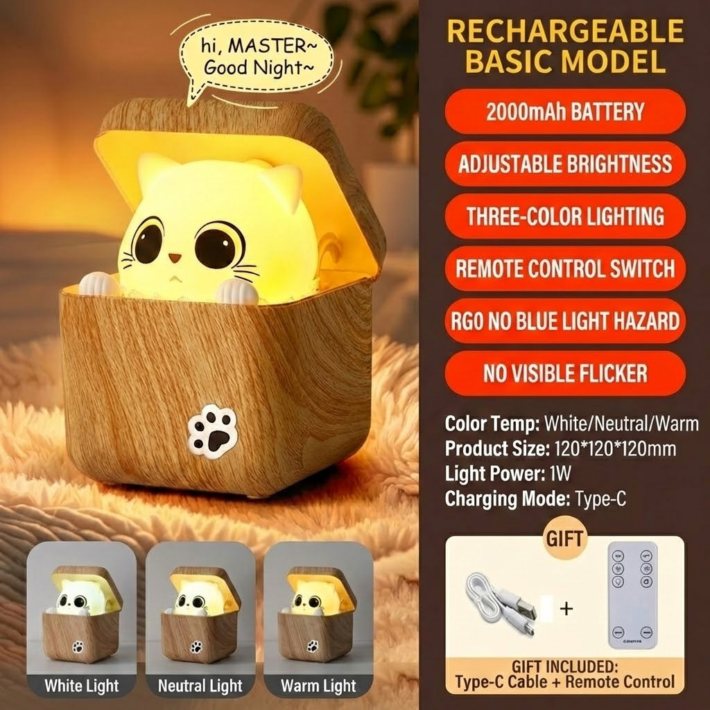 Cute Cat Wooden Night Light Lamp with Remote Control