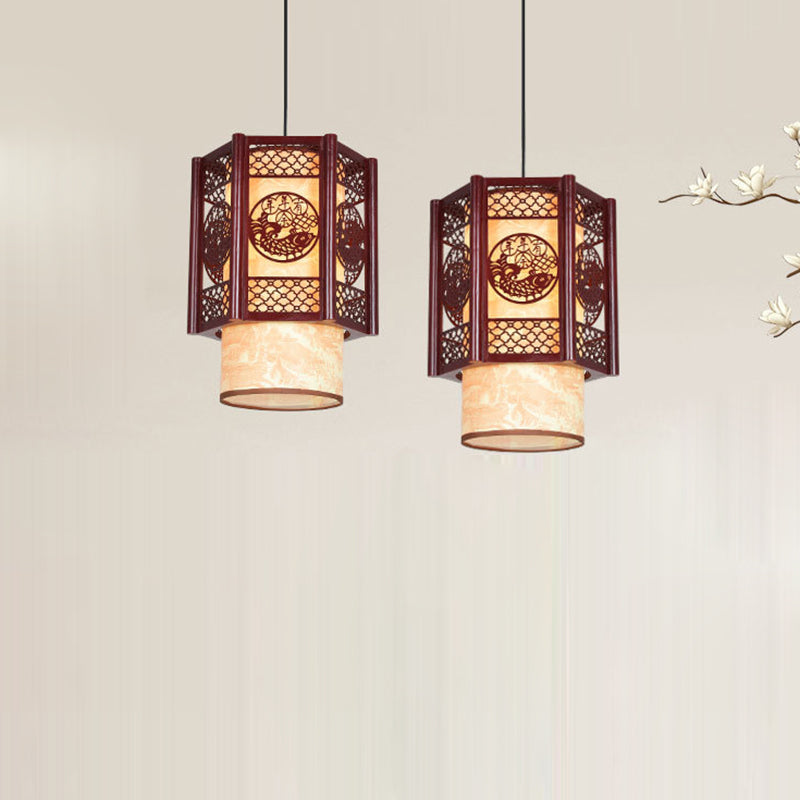 Traditional Chinese Carved Fish Pendant Lamp - 1-Light Hanging Light in Warm Brown