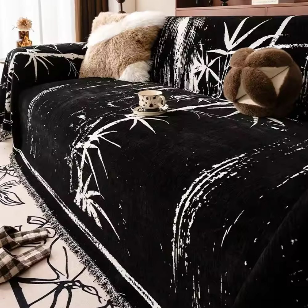 Bamboo Silhouette Chenille Sofa Cover with Fringed Edges