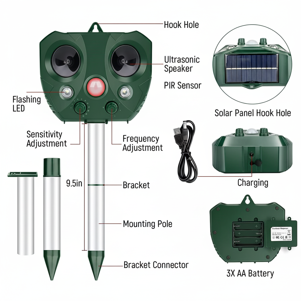 Solar Ultrasonic Bird Repeller with LED Lights for Outdoor Pest Control