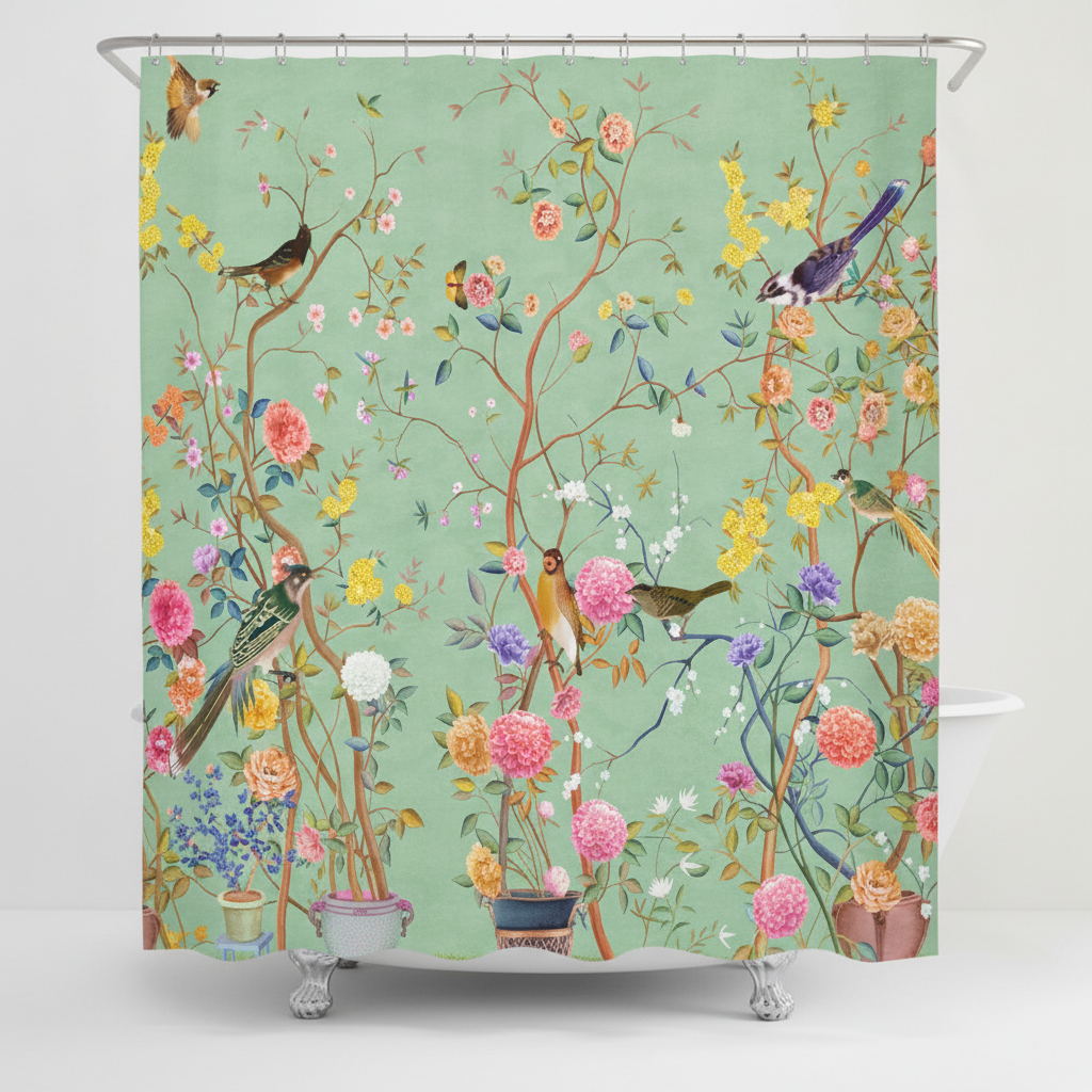 Nature-Inspired Flower and Bird Shower Curtain