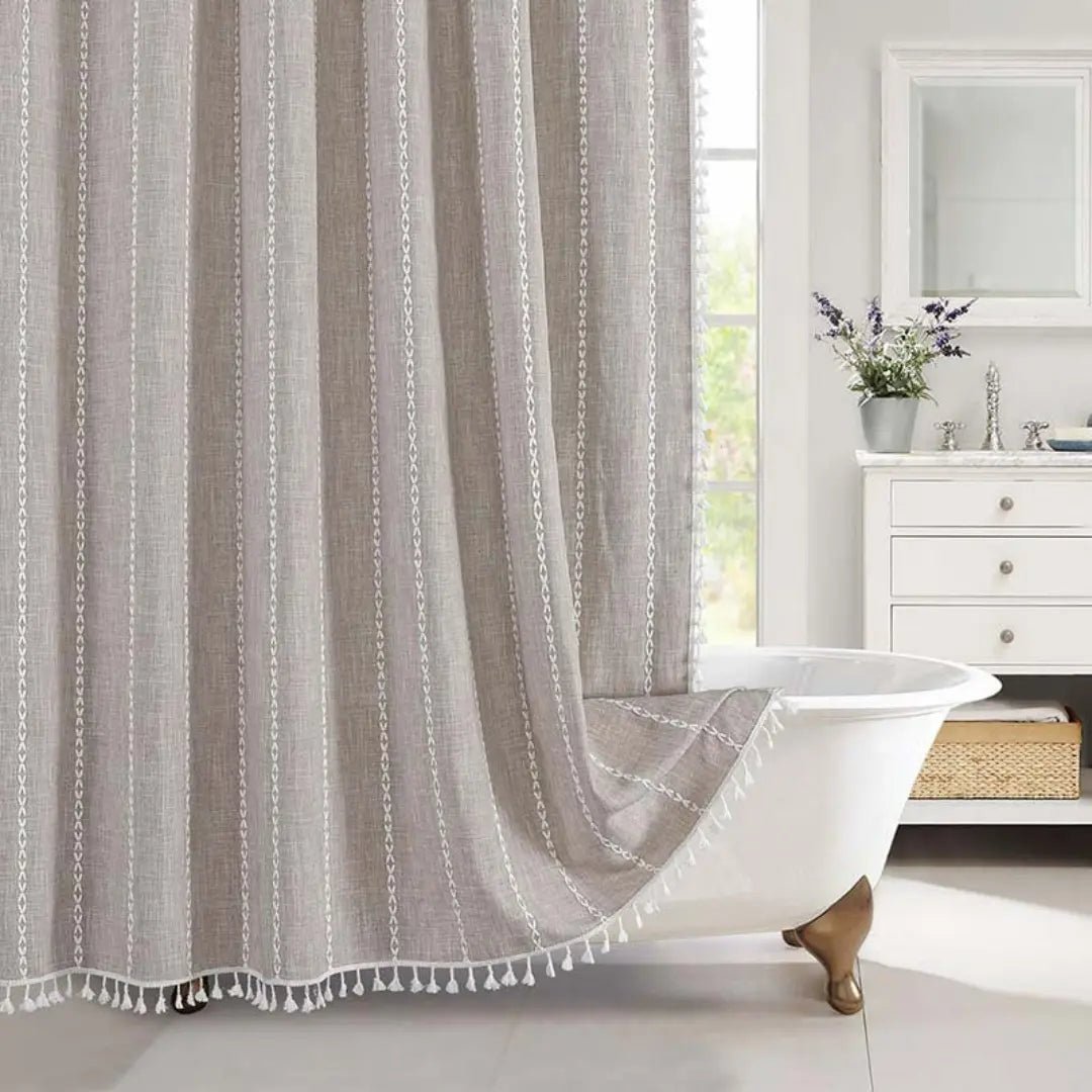 Boho Linen Shower Curtain with Tassels and Waterproof Design