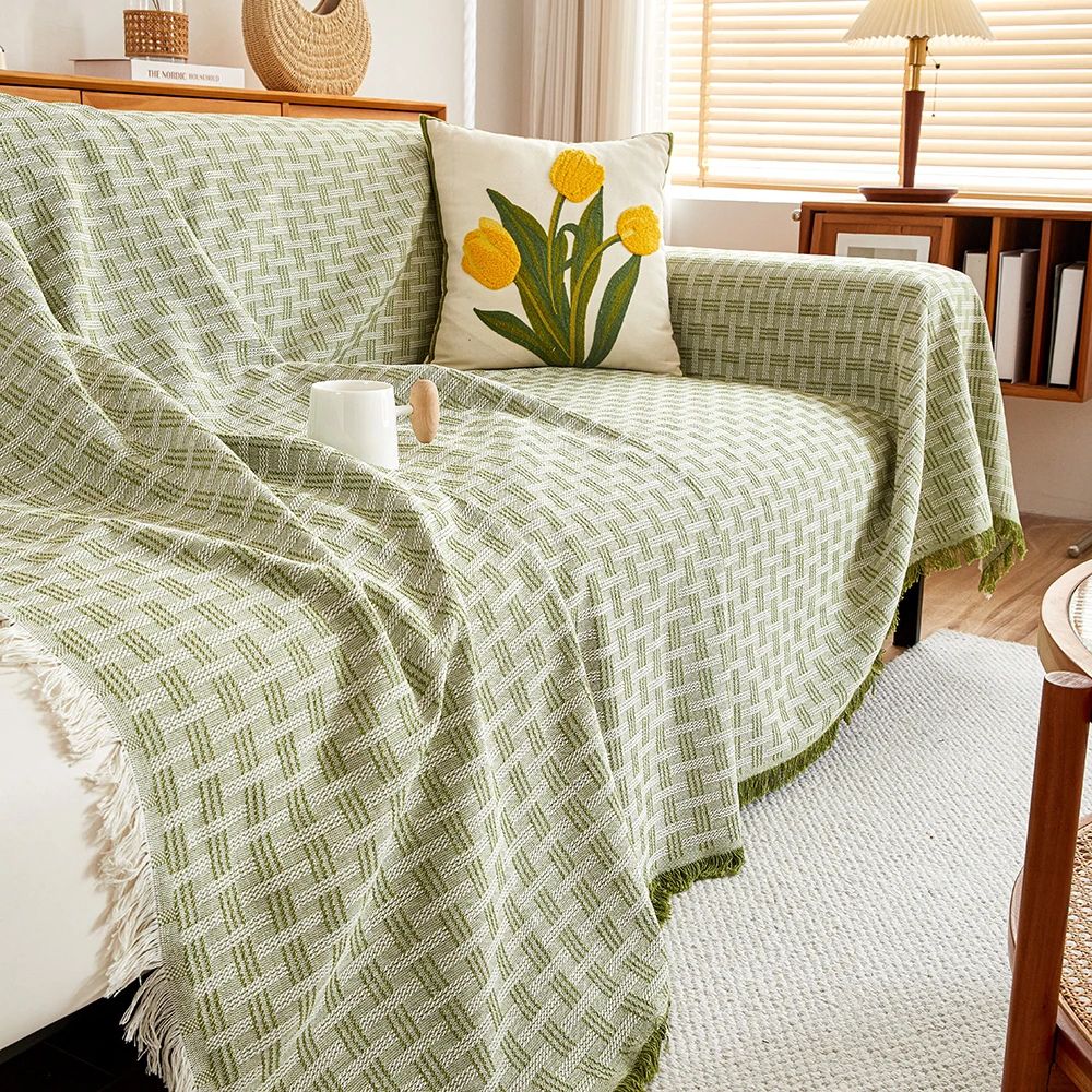 Quilted Geometric Microfiber Sofa Cover with Tassels
