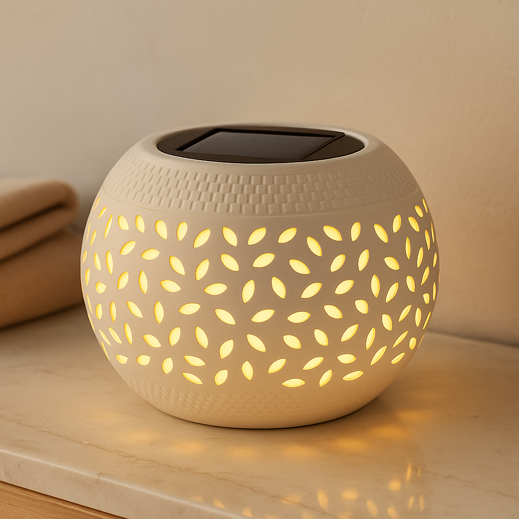 Solar-Powered Decorative Table Lamp with Hollow Cut Design