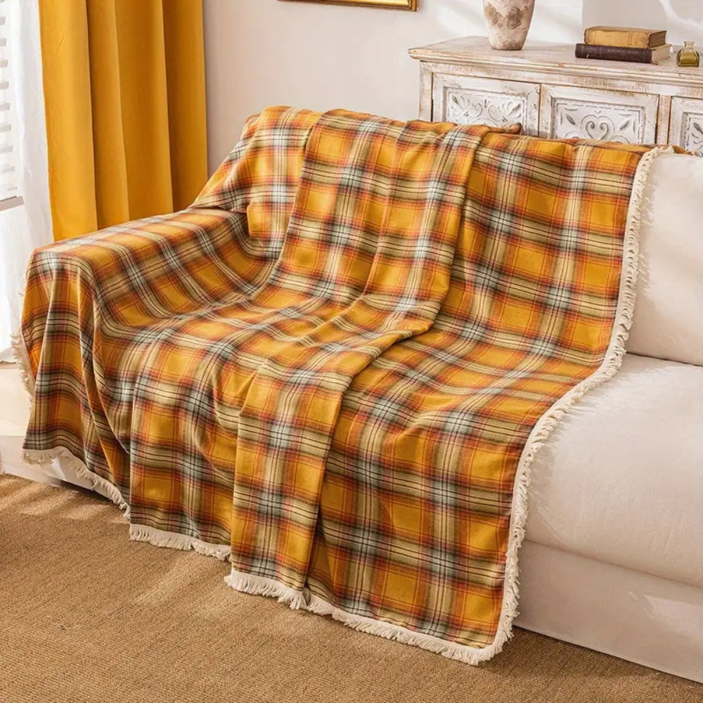 Autumn Chestnut Plaid Sofa Cover with Anti-Slip Design