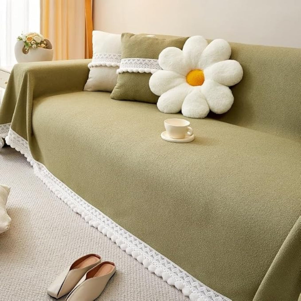 Chenille Lace Edge Sofa Cover with Non-Slip Backing
