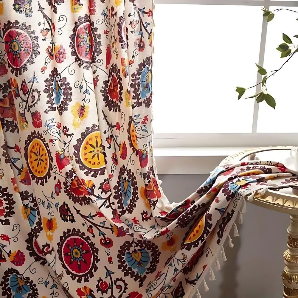 Multicolor Boho Floral Tassel Curtain