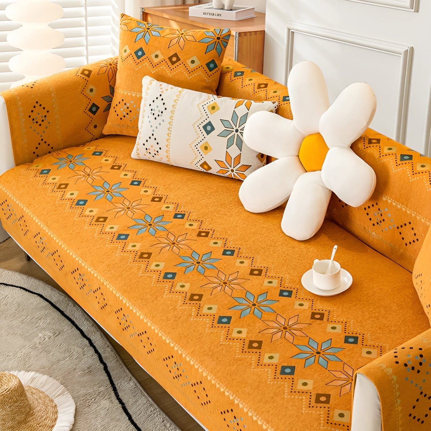 Boho Chenille Sofa Cover with Non-Slip Backing