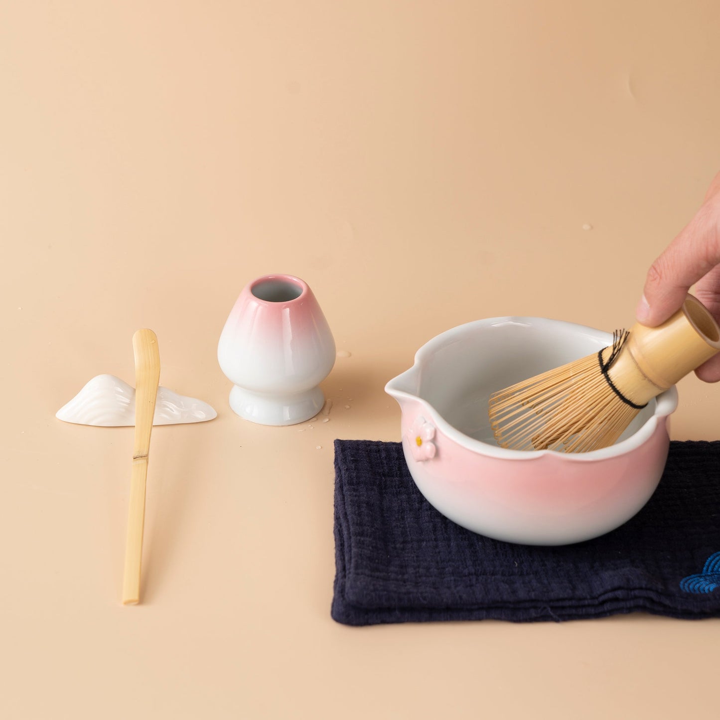 Japanese Ceramic Flower Matcha Tea Set with Bamboo Whisk