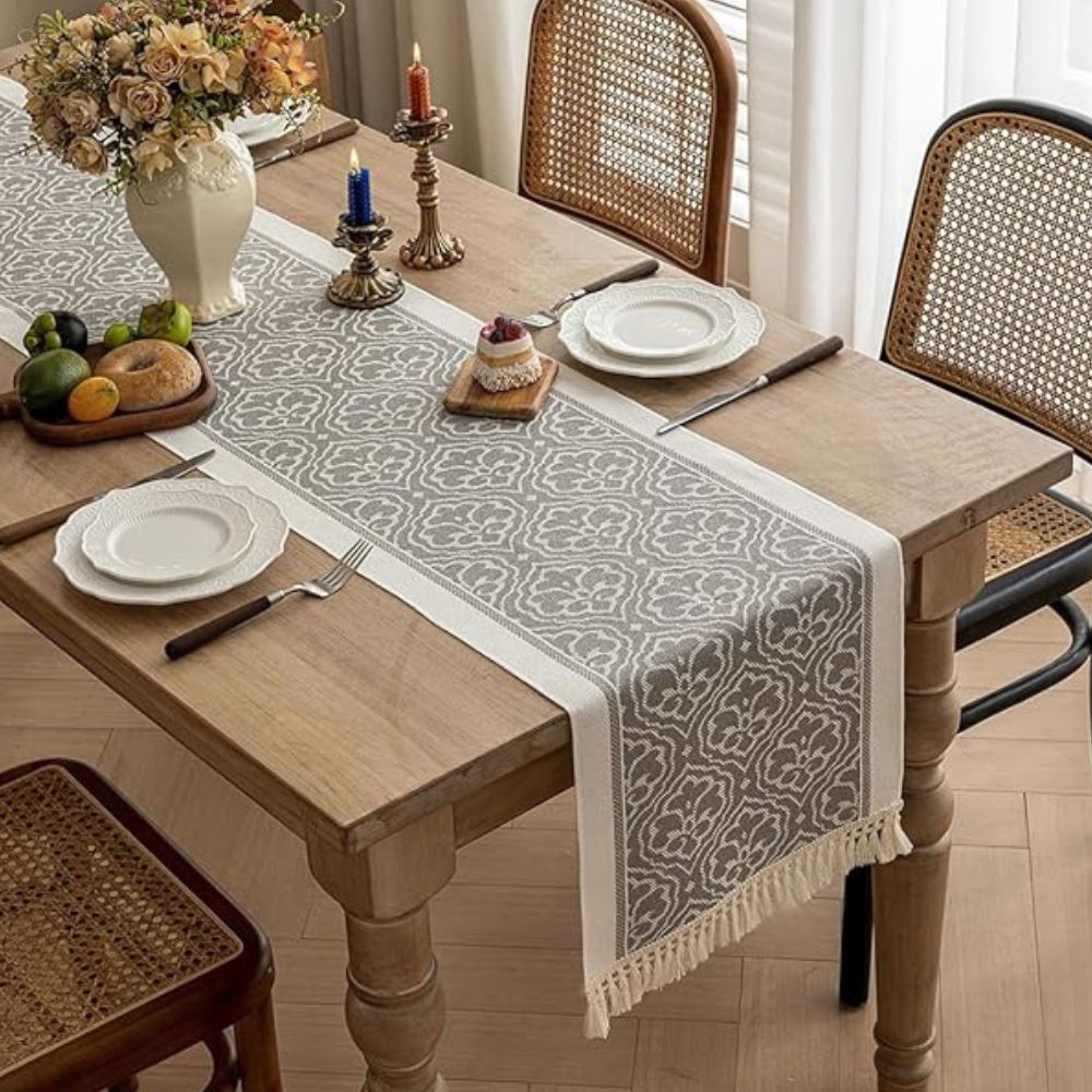 Damask Floral Medallion Table Runner with Tassel Fringe