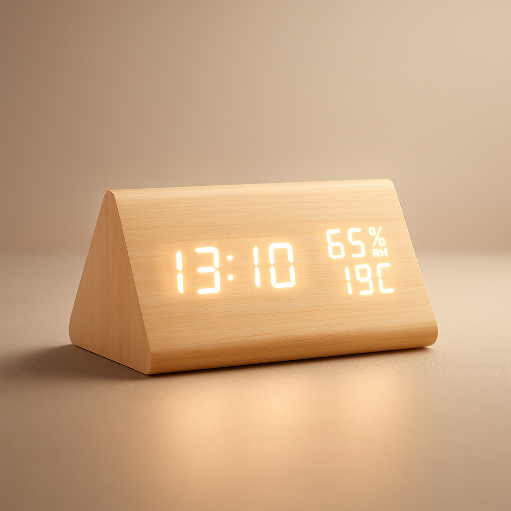 Digital LED Alarm Clock with Wooden Finish and Adjustable Brightness