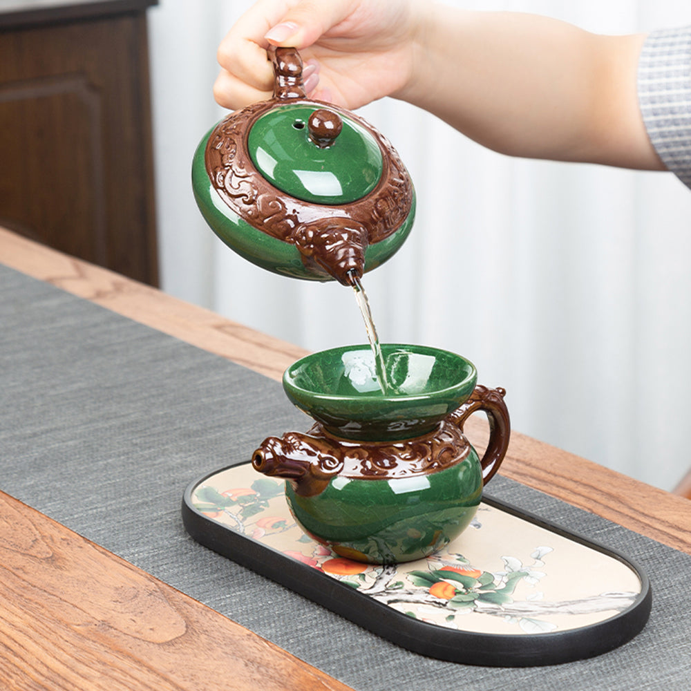 Green Ice Crack Kung Fu Tea Set with Dragon Tray and Induction Cooker