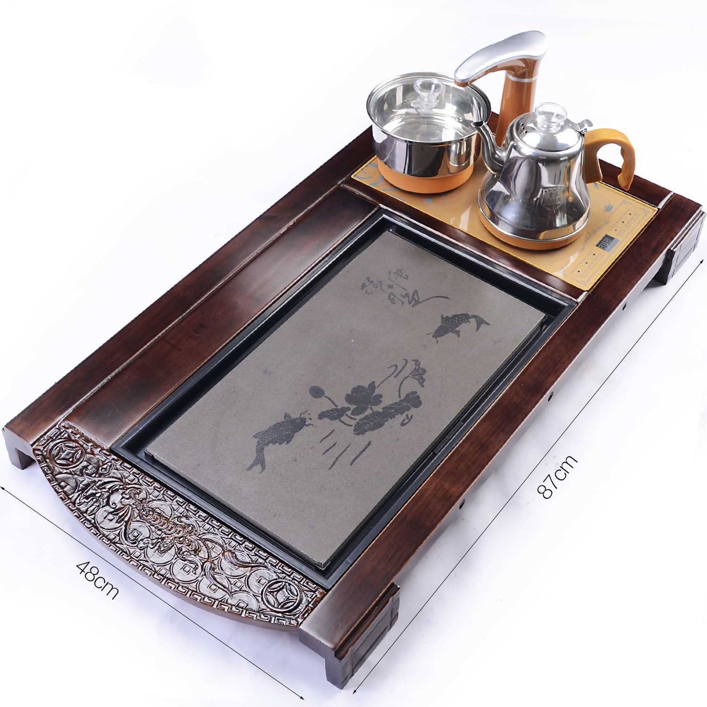 Yixing Purple Clay Tea Set with Wooden Tray and Automatic Heater