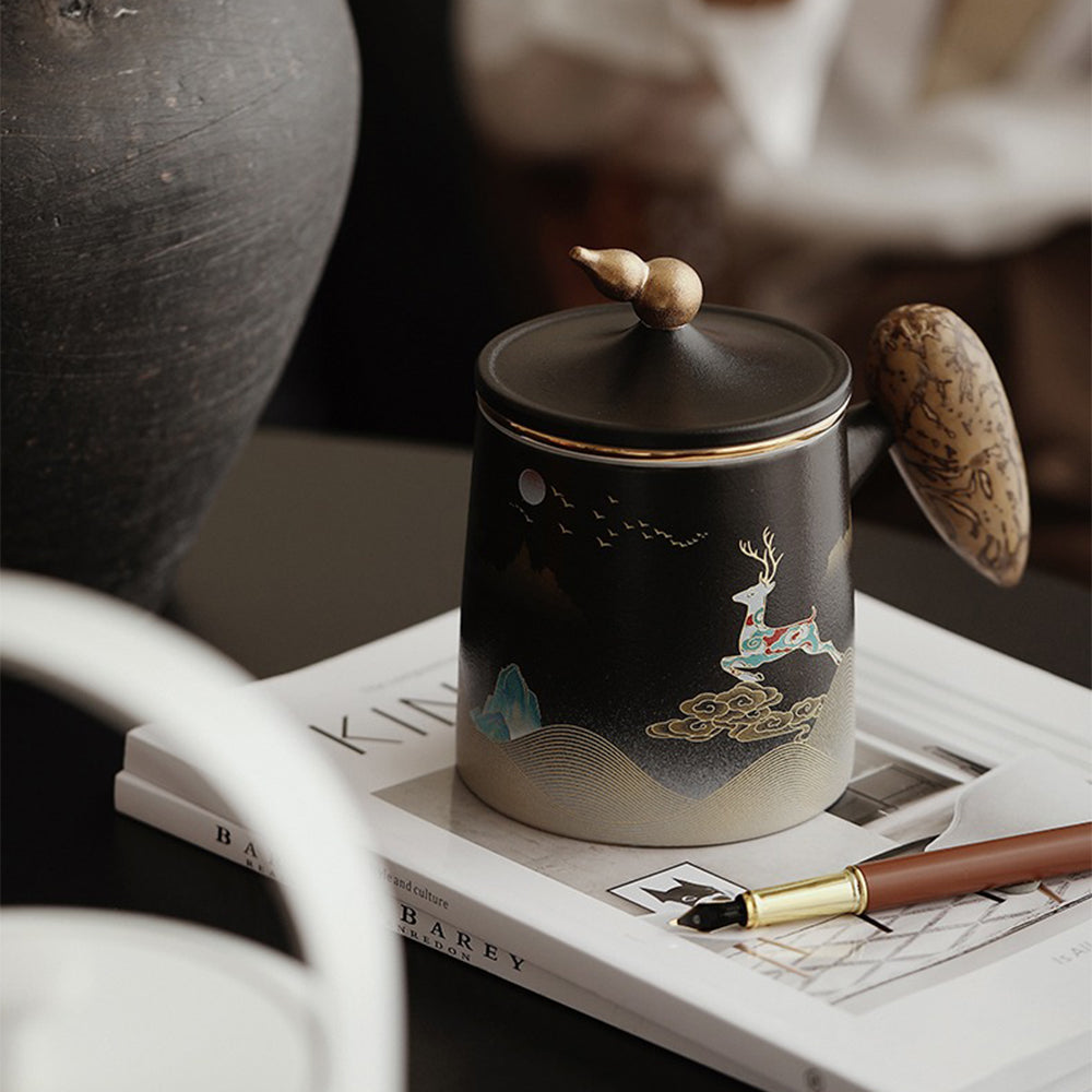 Ceramic Moon and Deer Tea Cup with Infuser and Gift Box