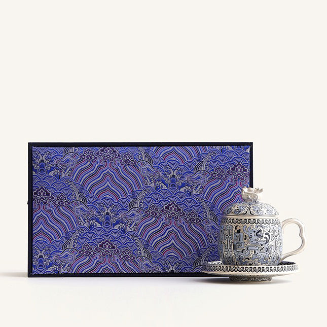 Taotie Pattern Silver-Plated Ceramic Tea Cup with Strainer and Saucer