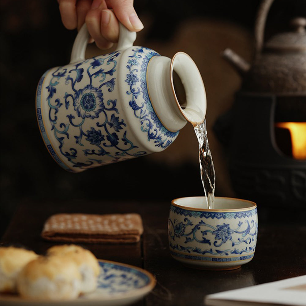 Ruyao Porcelain Blue and White Tea Cup Set with Teapot