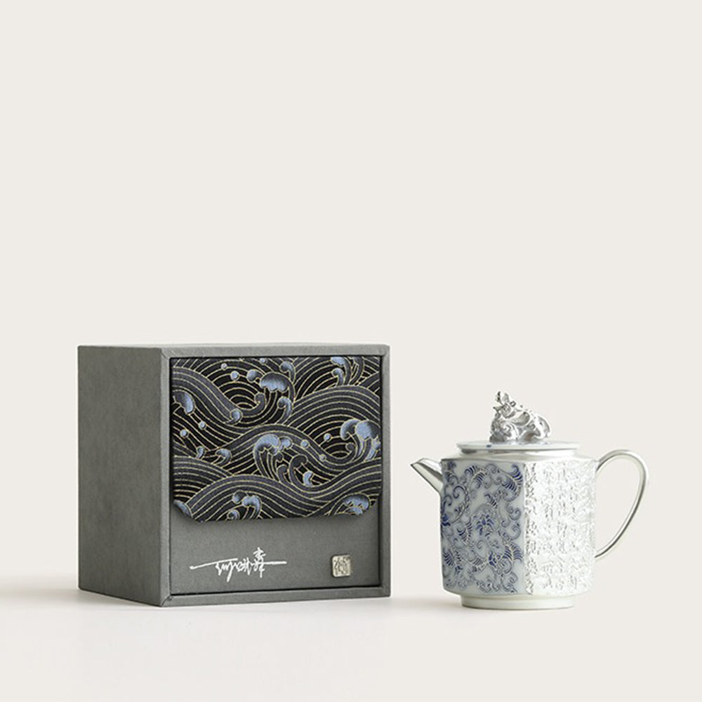 Silver-Gilt Blue and White Porcelain Teapot with Twined Branch Design