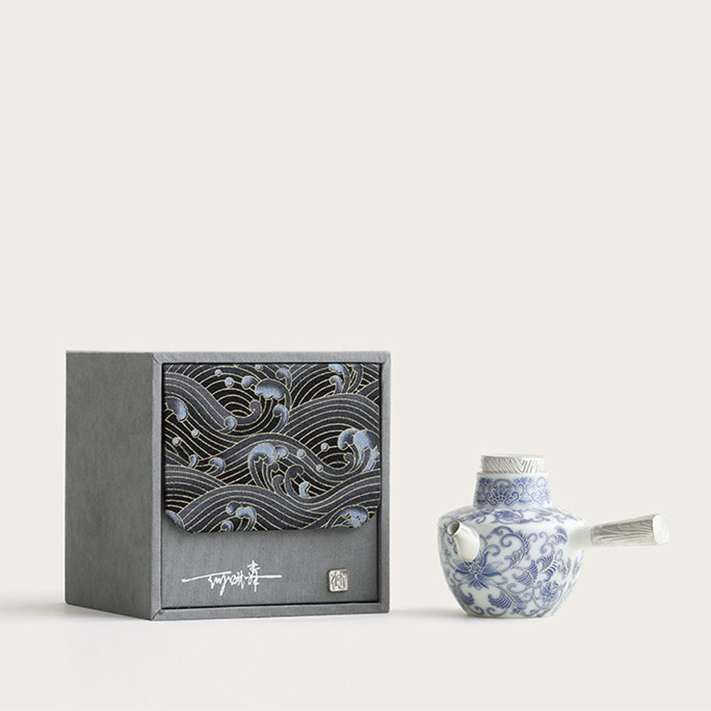 Blue and White Porcelain Teapot with Ergonomic Side Handle