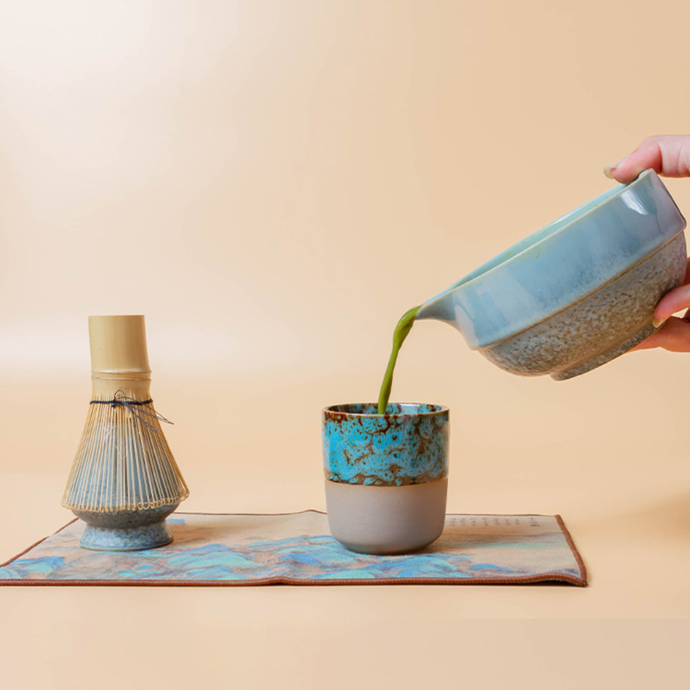 Japanese Blue Ceramic Matcha Tea Set with Bamboo Whisk