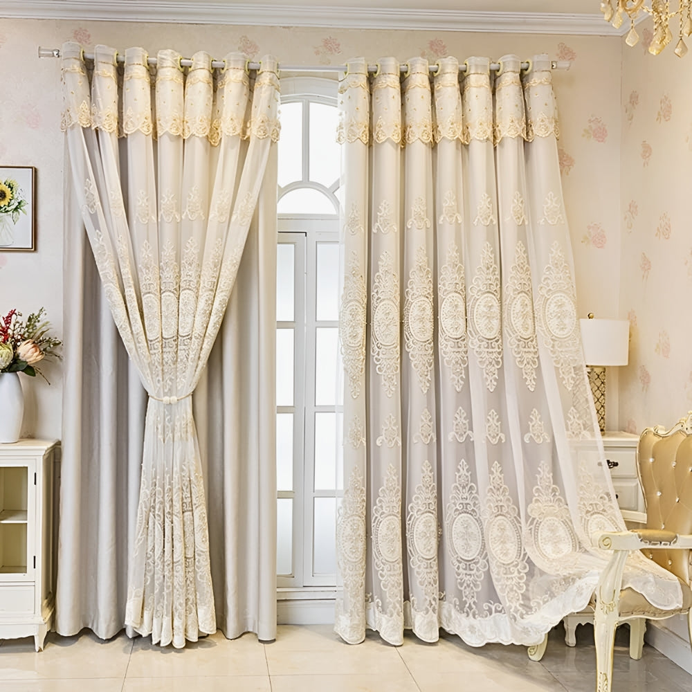 Sheer Lace Curtain with Grommet Top and Embroidery
