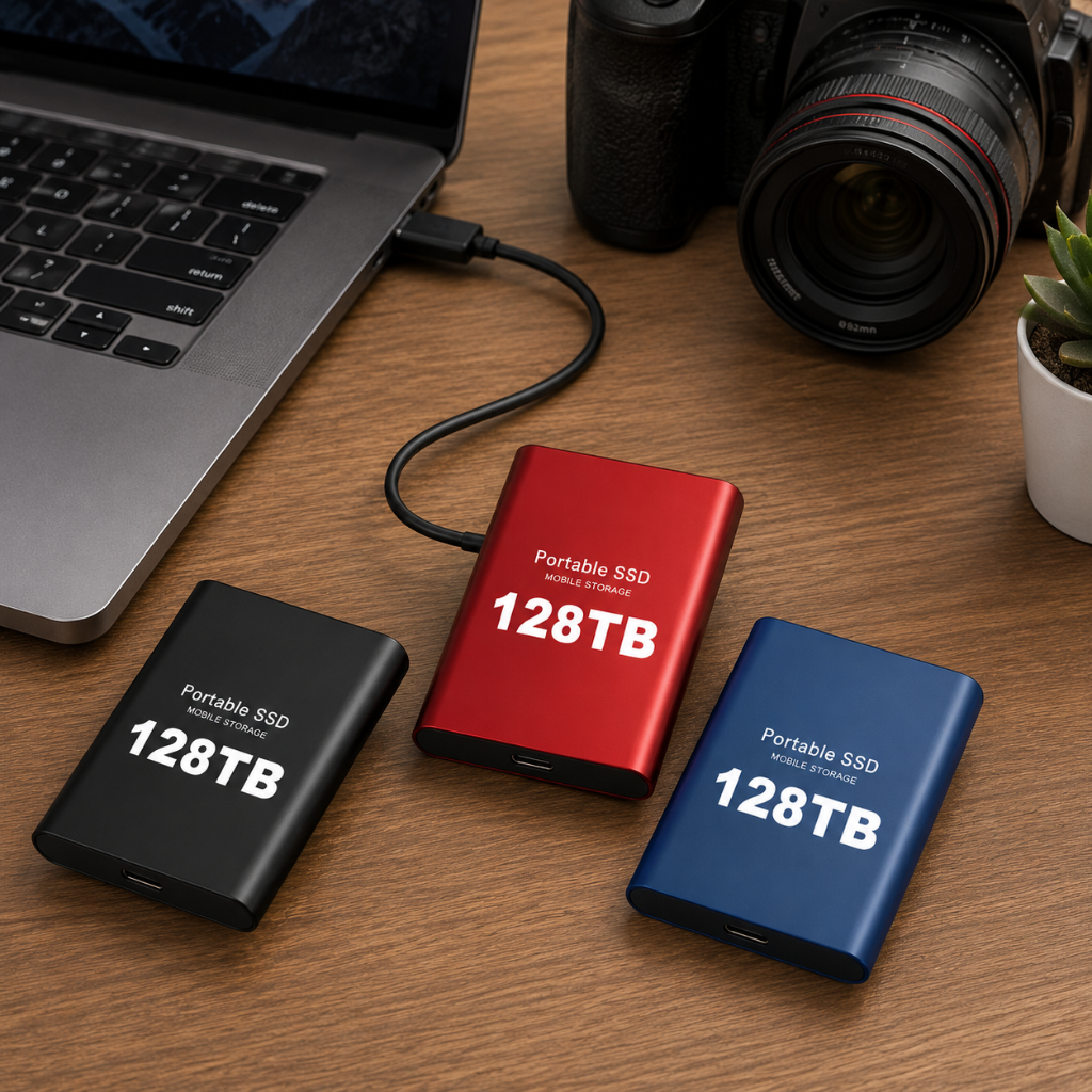 Portable Aluminum SSD External Drive - 128TB, USB, High-Speed, Compact, Available in Black, Blue, Red