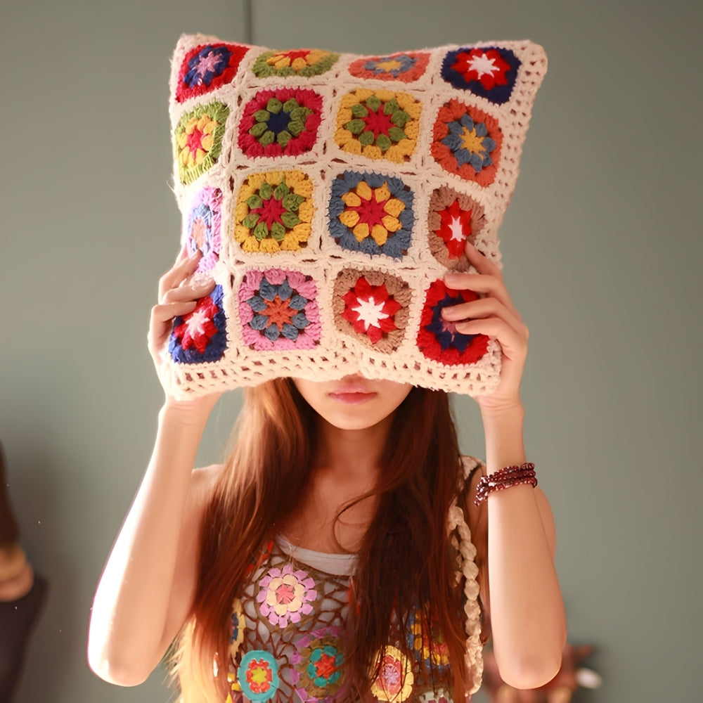 Multicolored Floral Crochet Cushion Cover